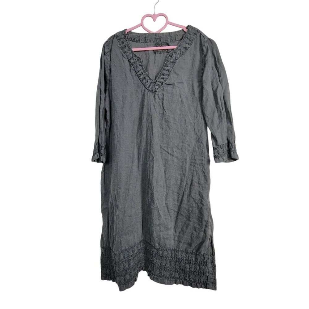 Beulah Style Dress Womens Size L Gray Lagenlook Embroidered Shift Dress V Neck